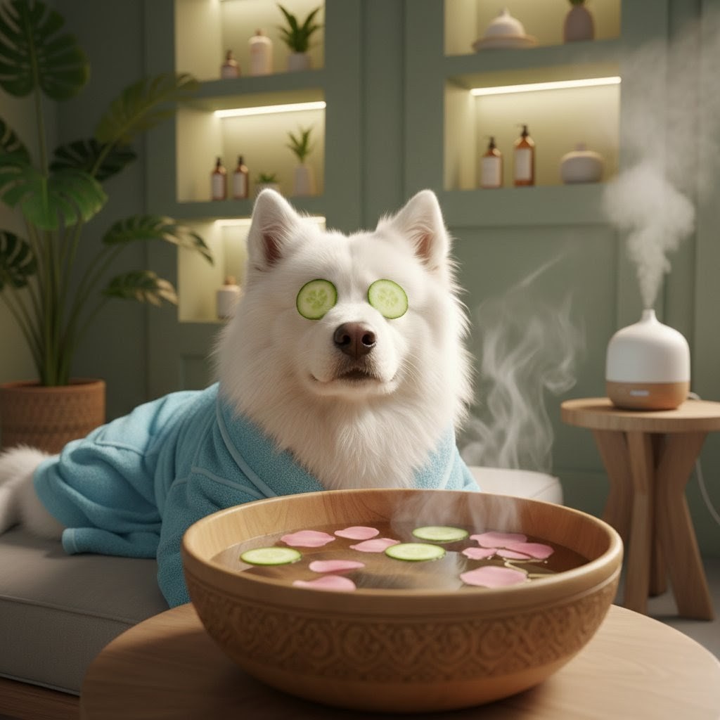 Dog enjoying grooming session